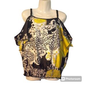 Animal & damask print batwing blouse with braided straps & elastic waist